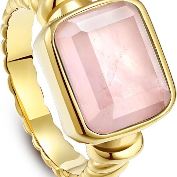 Jewelry - Women's 14K Gold Plated Statement Rings Emerald Cut Teal Turquoise/Rose Quartz C